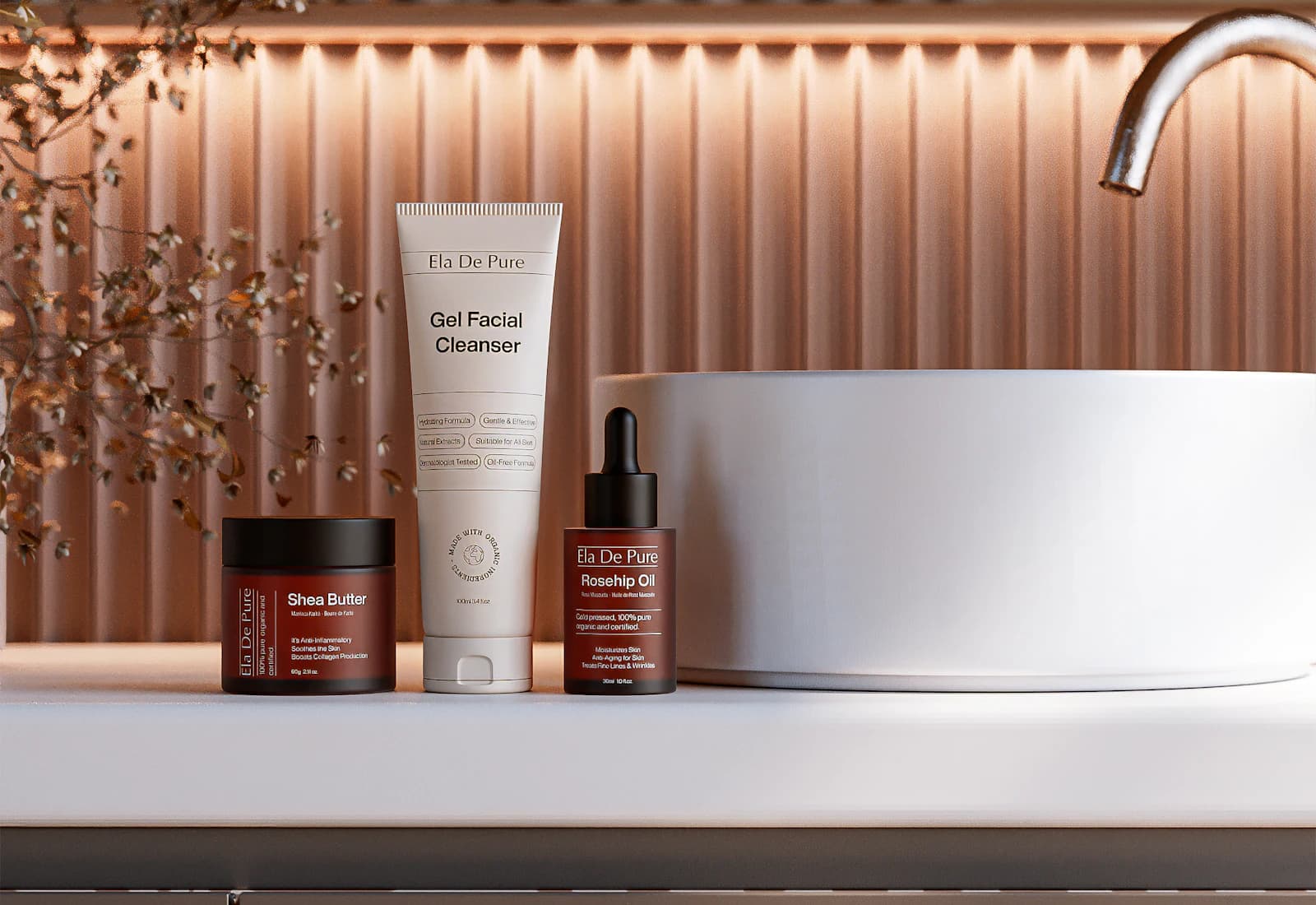 Skincare essentials arranged beside a modern bathroom sink