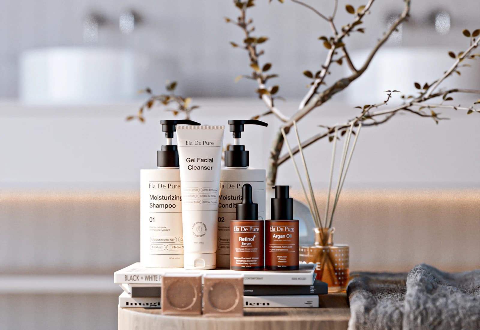 A calm editorial arrangement of skincare bottles and books